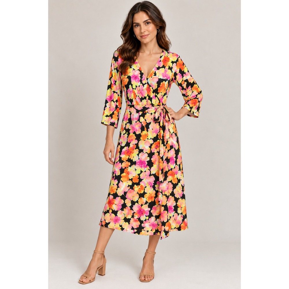 J Jason Wu Faux Wrap Dress Womens Medium Black Floral Excellent 3/4 Sleeve Midi
